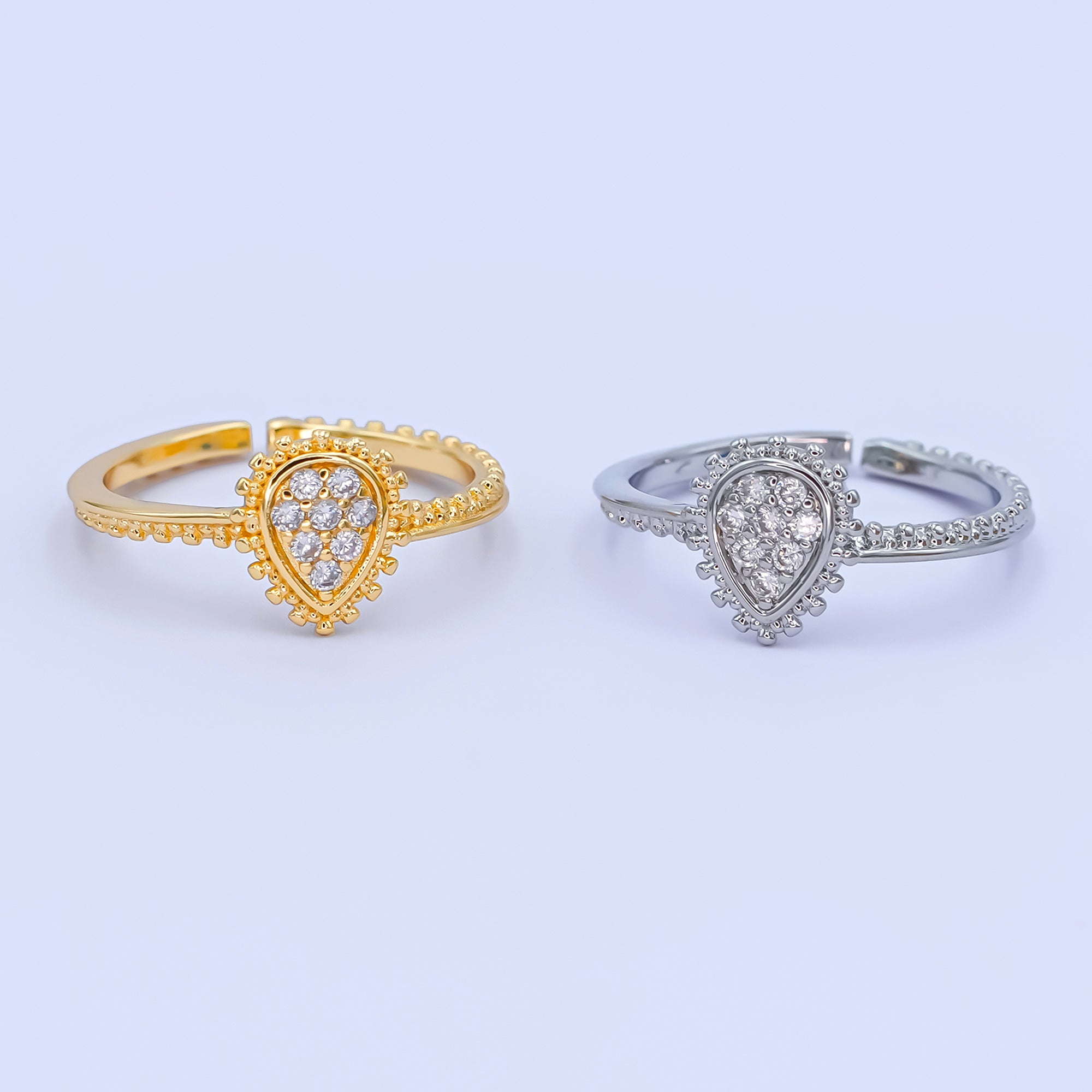 24K Gold Filled Teardrop CZ Micro Paved Dotted Ring in Silver & Gold | O730 O731