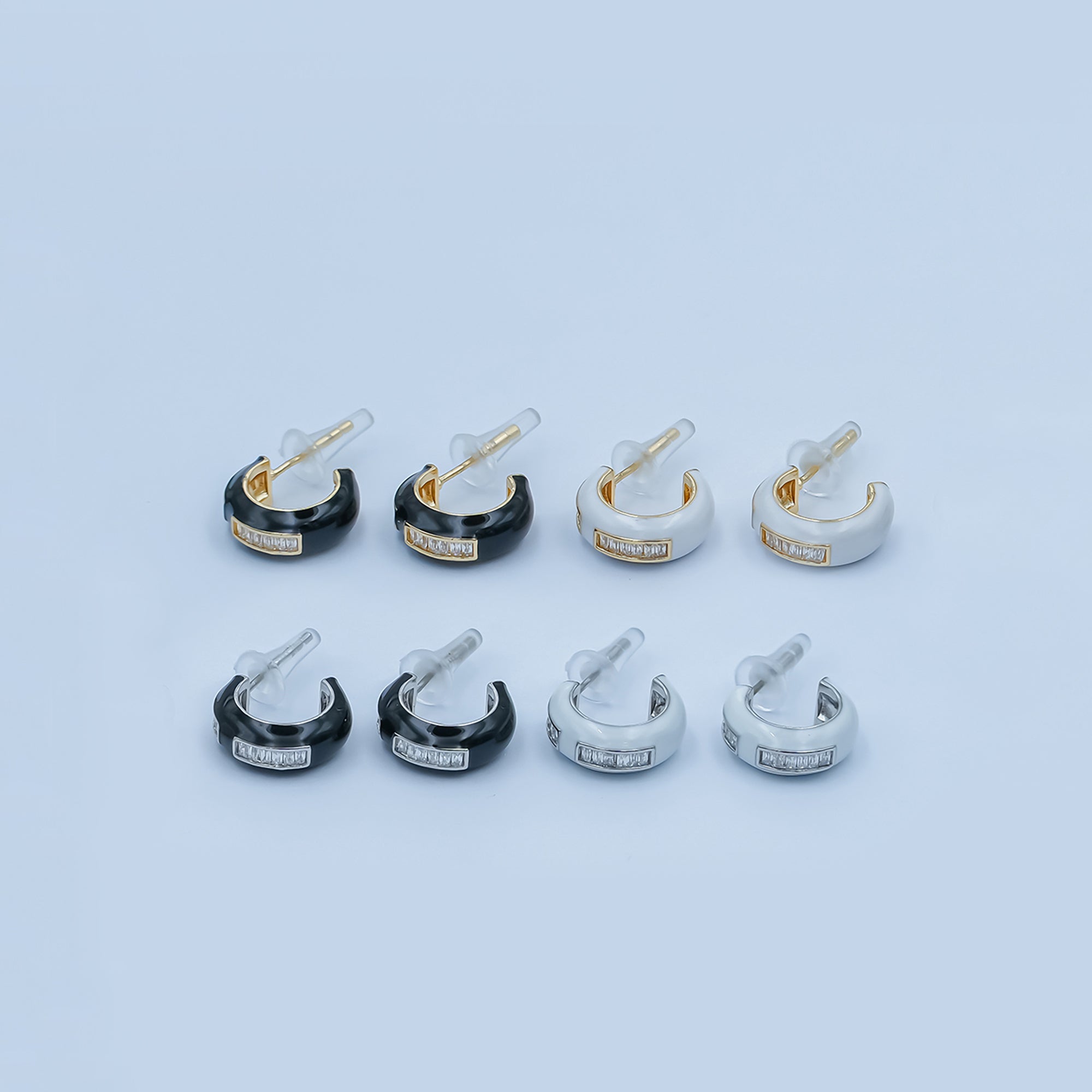 Black, White Enamel Baguette CZ C-Shaped Hoop Earrings in Gold & Silver | AE265 - AE73