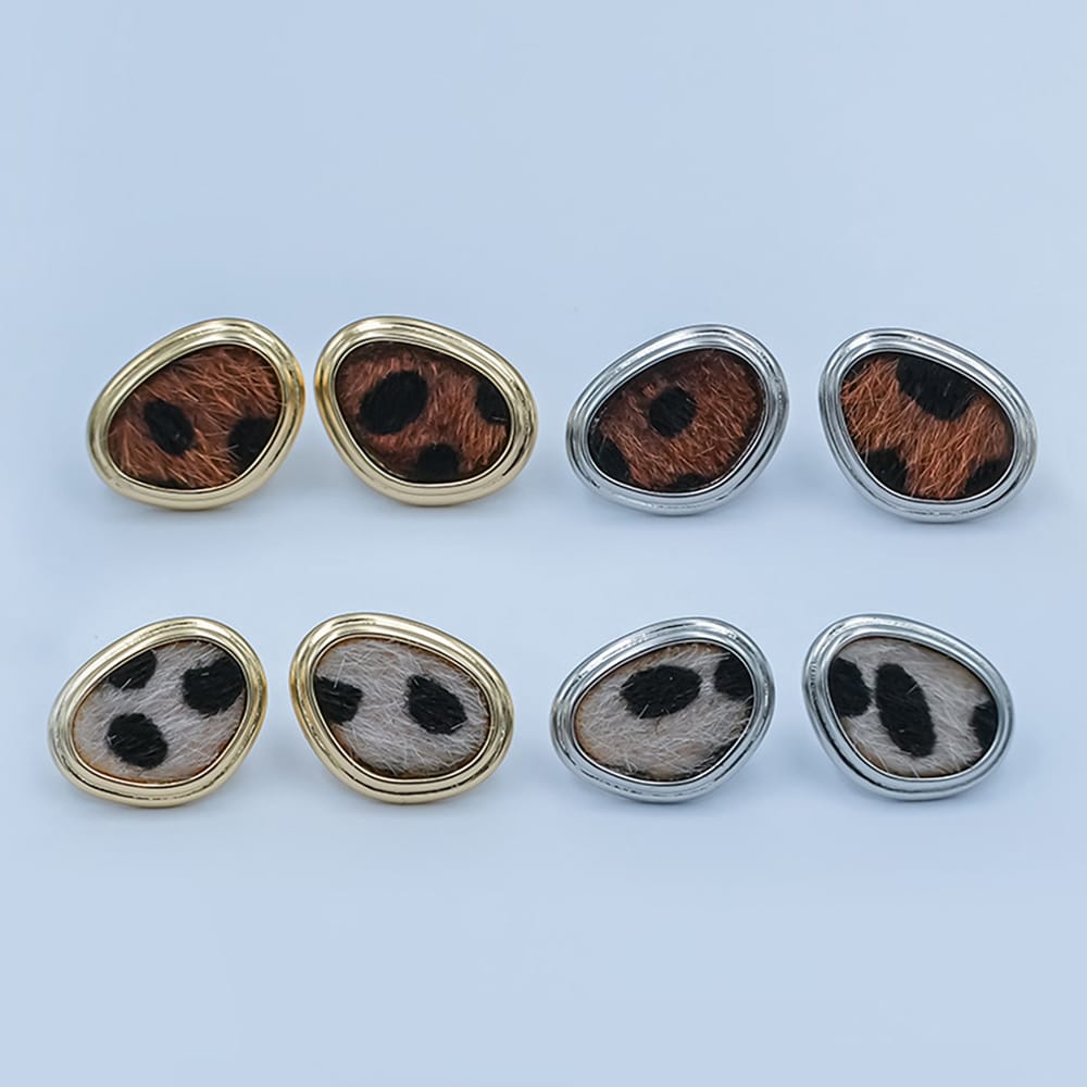 Snow Leopard Print Faux Fur Geometric Bezel Stud Earrings in Gold & Silver | AD1556 AE071