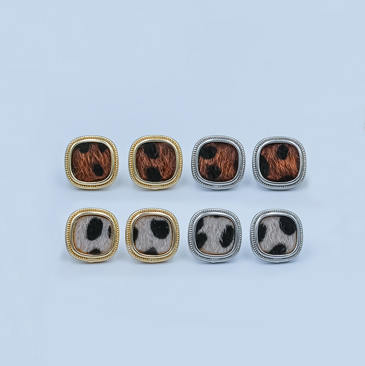 Animal Print Fur Snow Leopard Cheetah Square Bezel Stud Earrings in Gold & Silver | AE102 AE155