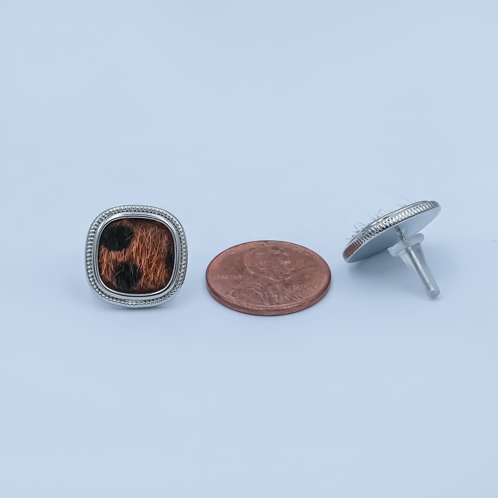Animal Print Fur Snow Leopard Cheetah Square Bezel Stud Earrings in Gold & Silver | AE102 AE155