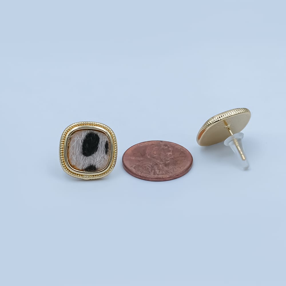 Animal Print Fur Snow Leopard Cheetah Square Bezel Stud Earrings in Gold & Silver | AE102 AE155