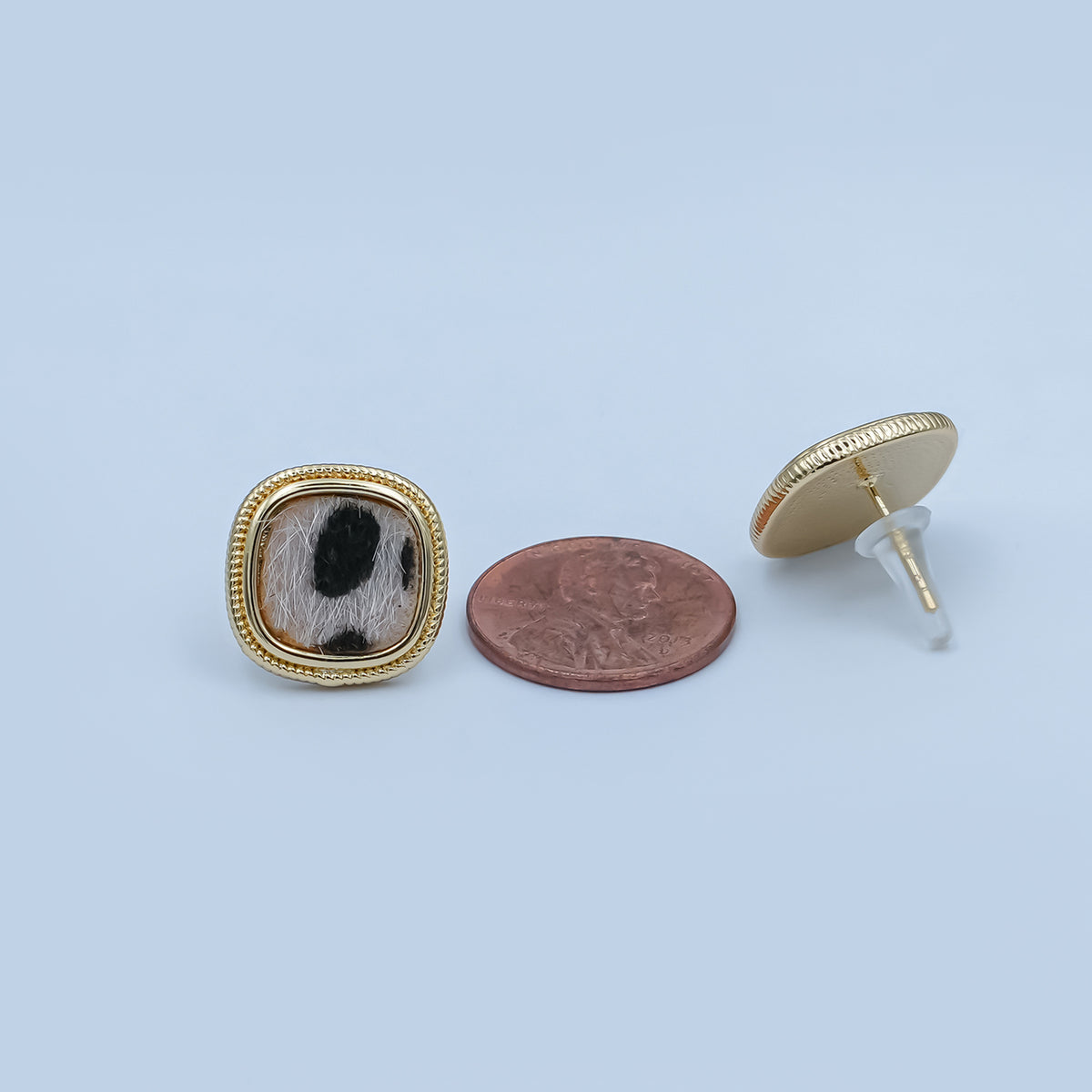 Animal Print Fur Snow Leopard Cheetah Square Bezel Stud Earrings in Gold & Silver | AE102 AE155