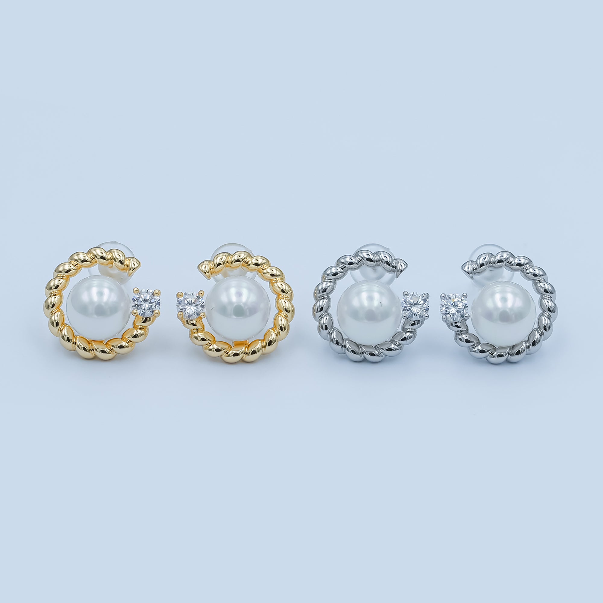White Shell Pearl CZ Croissant C-Shaped Stud Earrings in Gold & Silver | AD1359 AD1360