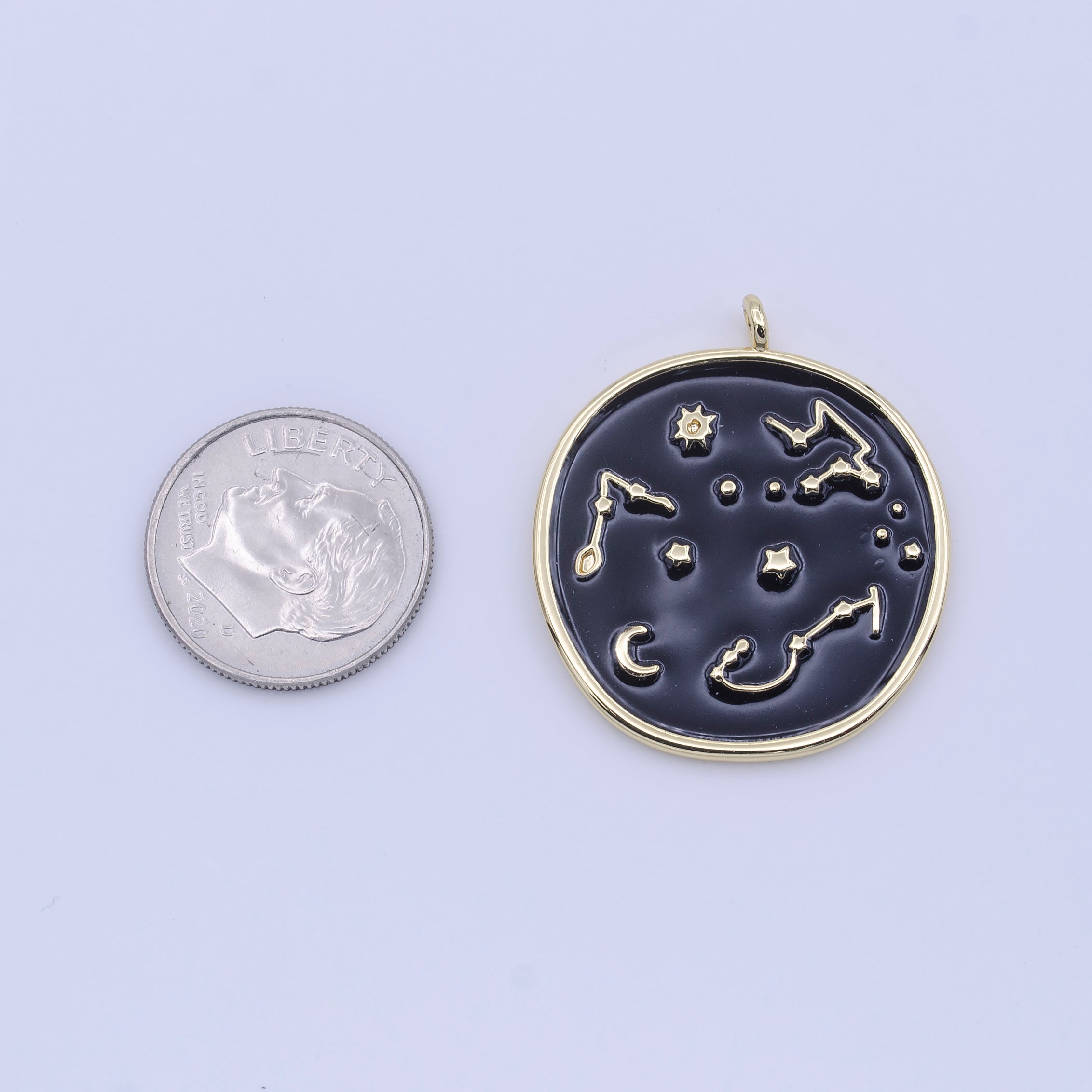 14K Gold Filled 30mm White, Black Enamel Constellation Star Celestial Round Charm | H274 H277