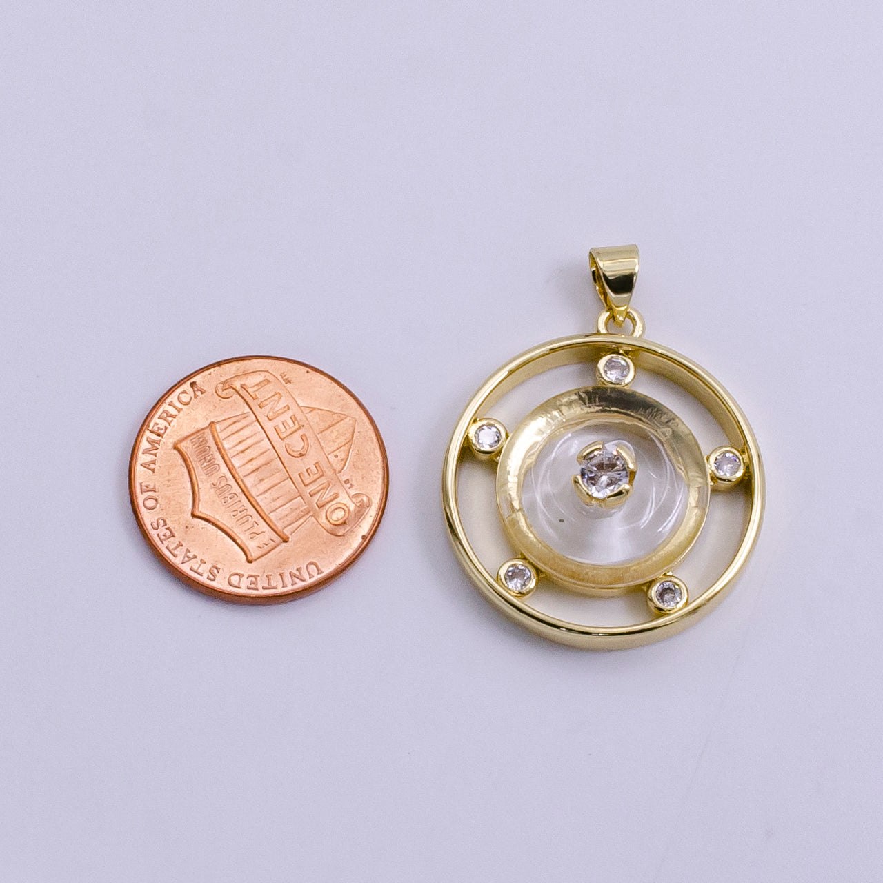14K Gold Filled Clear Quartz, Rose Quartz, Amethyst Multiple CZ Open Round Pendant | AH055 - AH057