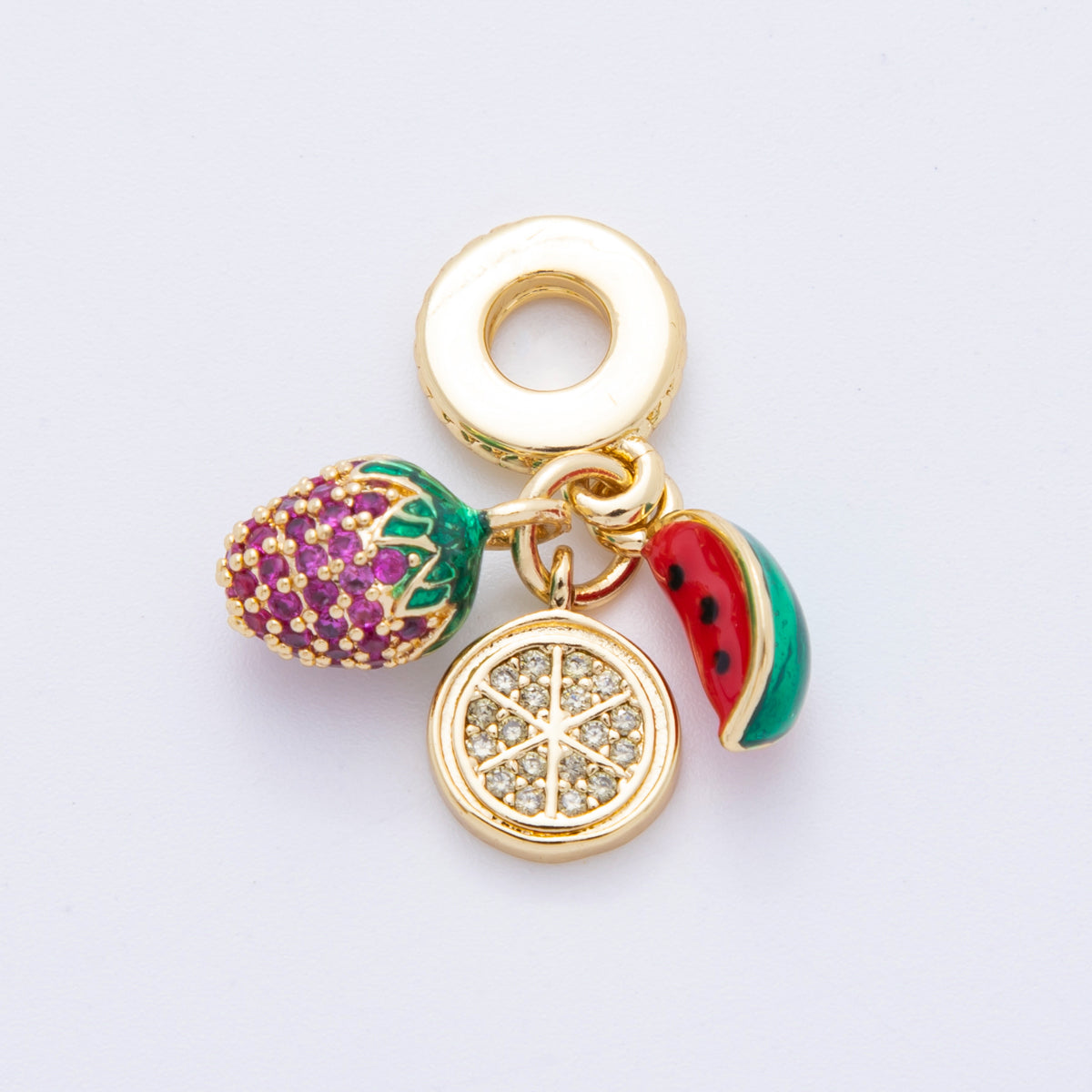 18K Gold Filled Micro Paved CZ Enamel Fruit Strawberry Watermelon Lemon Rondelle Drop Charm | E693