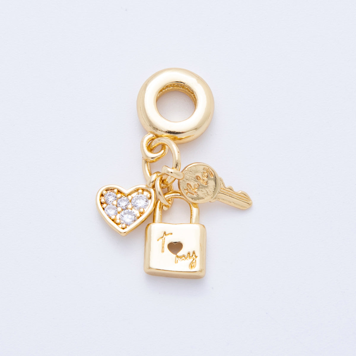 18K Gold Filled Micro Paved CZ Padlock Key Heart Rondelle Drop Charm | E716