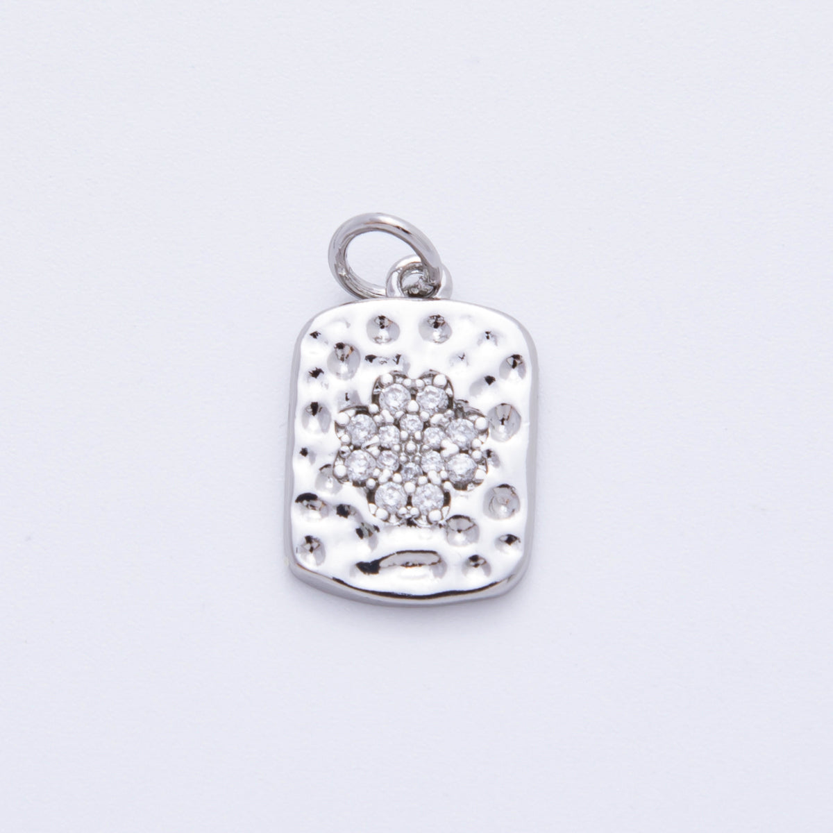 18K Gold Filled Micro Paved CZ Hammered Rectangular Tag Charm in Gold & Silver | E727