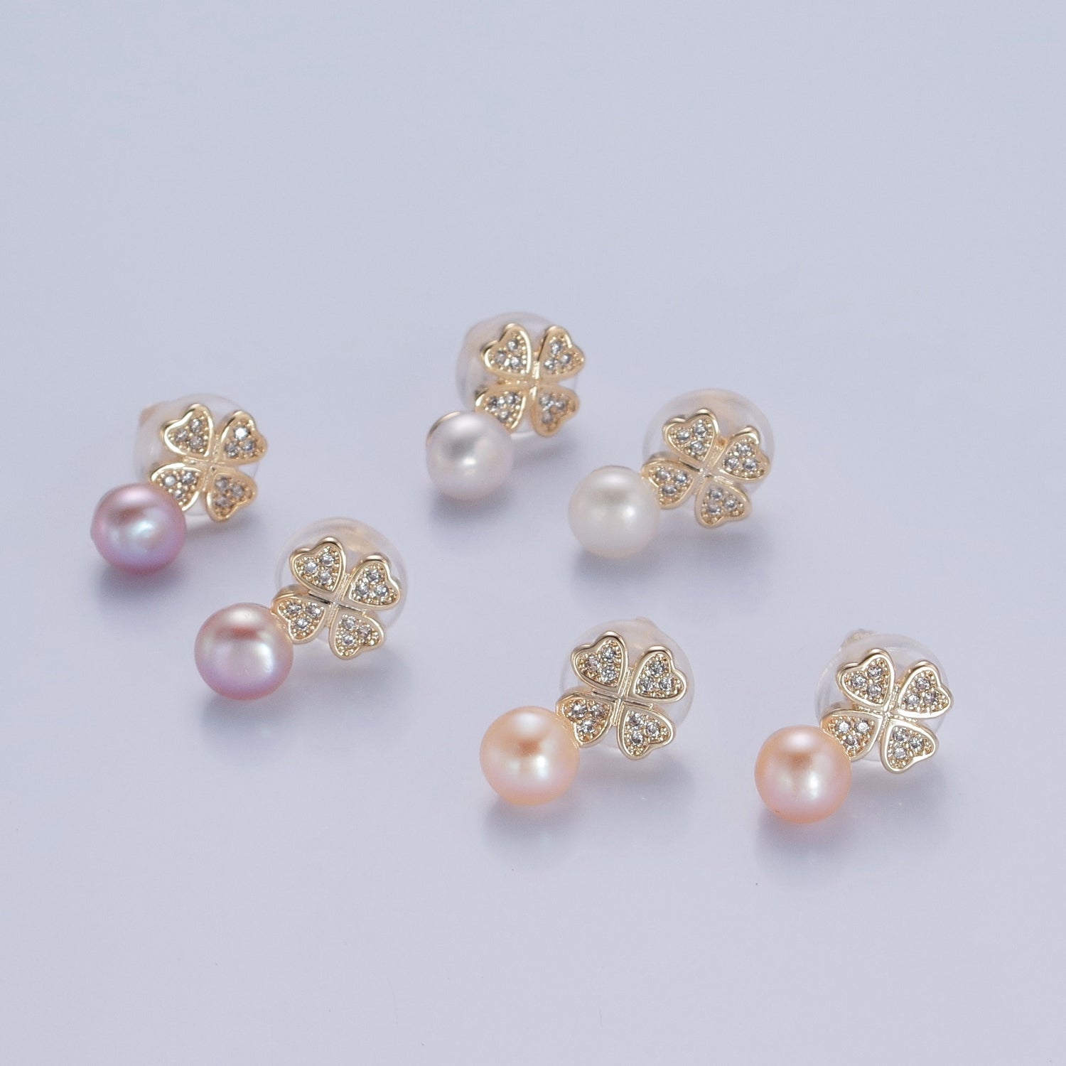 Gold White, Purple, Pink Shell Pearl Micro Paved CZ Clover Stud Earrings |  V379 - V381