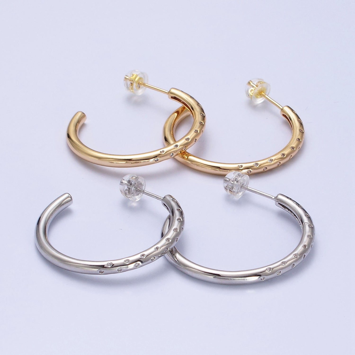 30mm Clear CZ Dotted C-Shaped Hoop Earrings in Gold & Silver | AB749 AB741