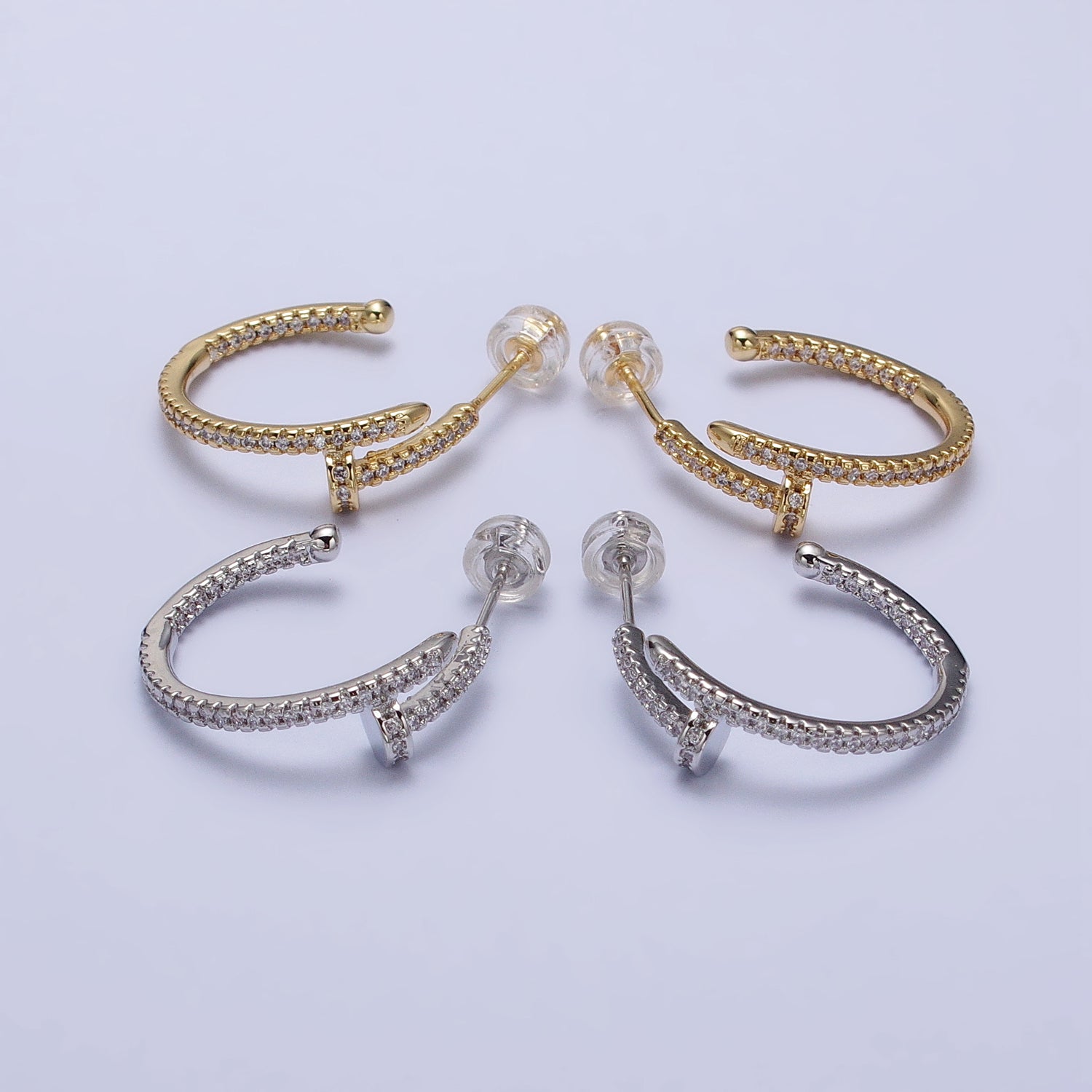 24K Gold Filled 23mm Needle Micro Paved CZ Hoop Earrings in Gold & Silver | AB534 AB535