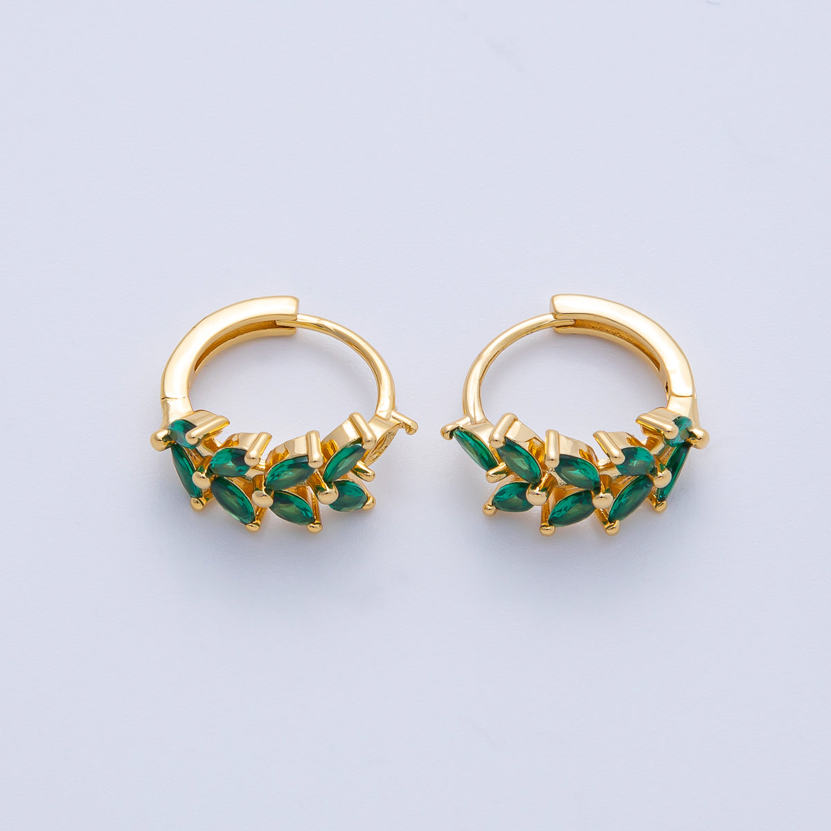 18K Gold Filled 15mm Green Red CZ Olive Sparkling Leaf Hoop Earrings | EARRINGS 00037-00038