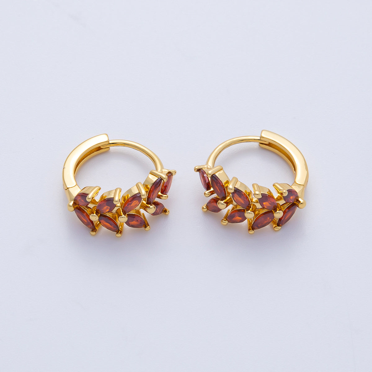 18K Gold Filled 15mm Green Red CZ Olive Sparkling Leaf Hoop Earrings | EARRINGS 00037-00038