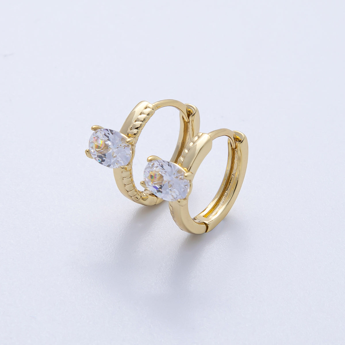 14K Gold Filled 15.5mm Clear CZ Ribbed Huggie Earrings | Earrings-00068
