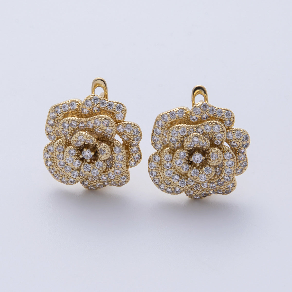 14K Gold Filled 17mm Micro Paved CZ Rose Flower English Lock Hoop Earrings | Earrings -00134