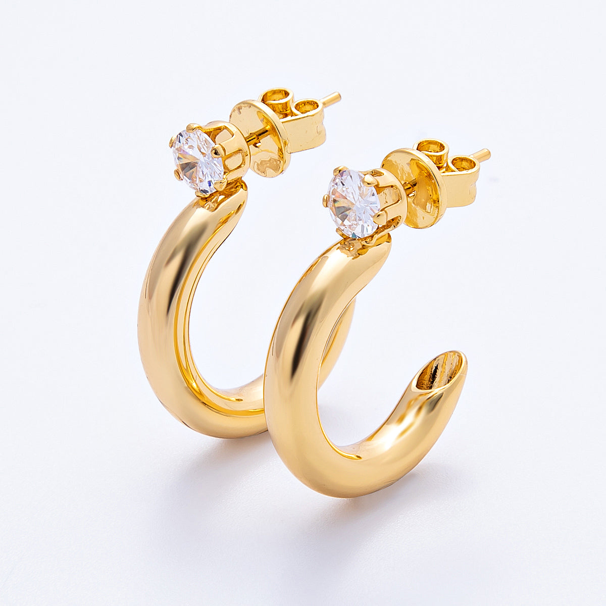 18K 25mm Clear CZ C-Shaped Hoop Earrings | Earrings-151