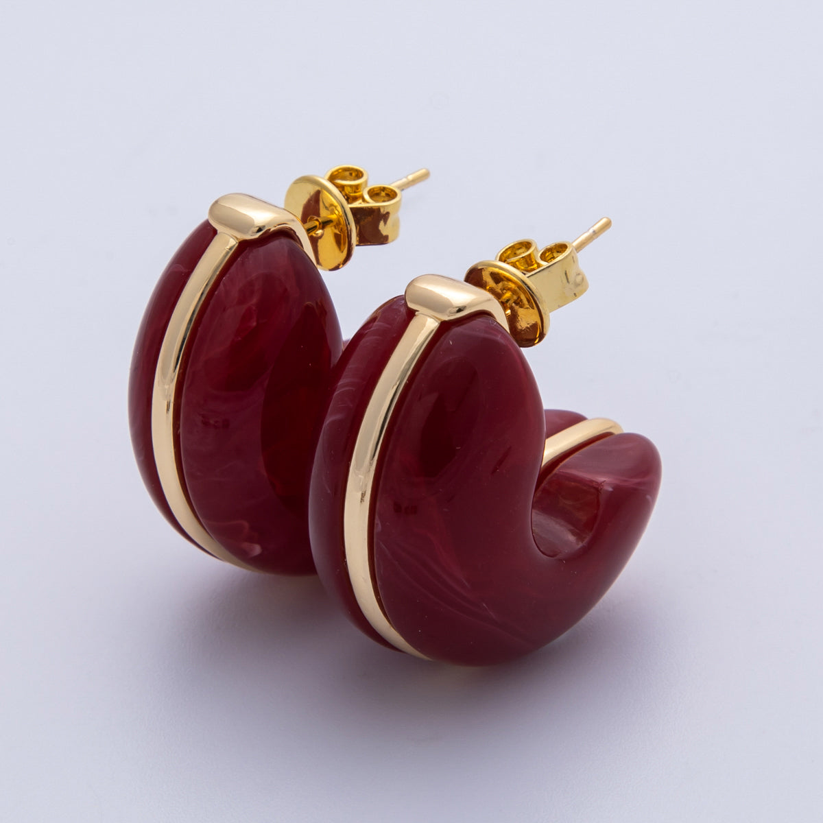 18K Gold Filled 25mm White, Blue, Black, Red, Beige, Brown Resin Chubby C-Shaped Hoop Earrings | Earrings-00154 ~ Earrings-00159