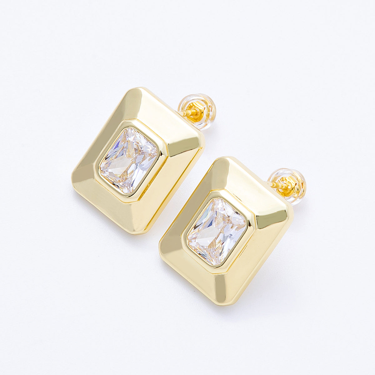 16K Gold Filled 18mm Radiant CZ Rectangular Solitaire Tag Stud Earrings | EARRINGS-00163