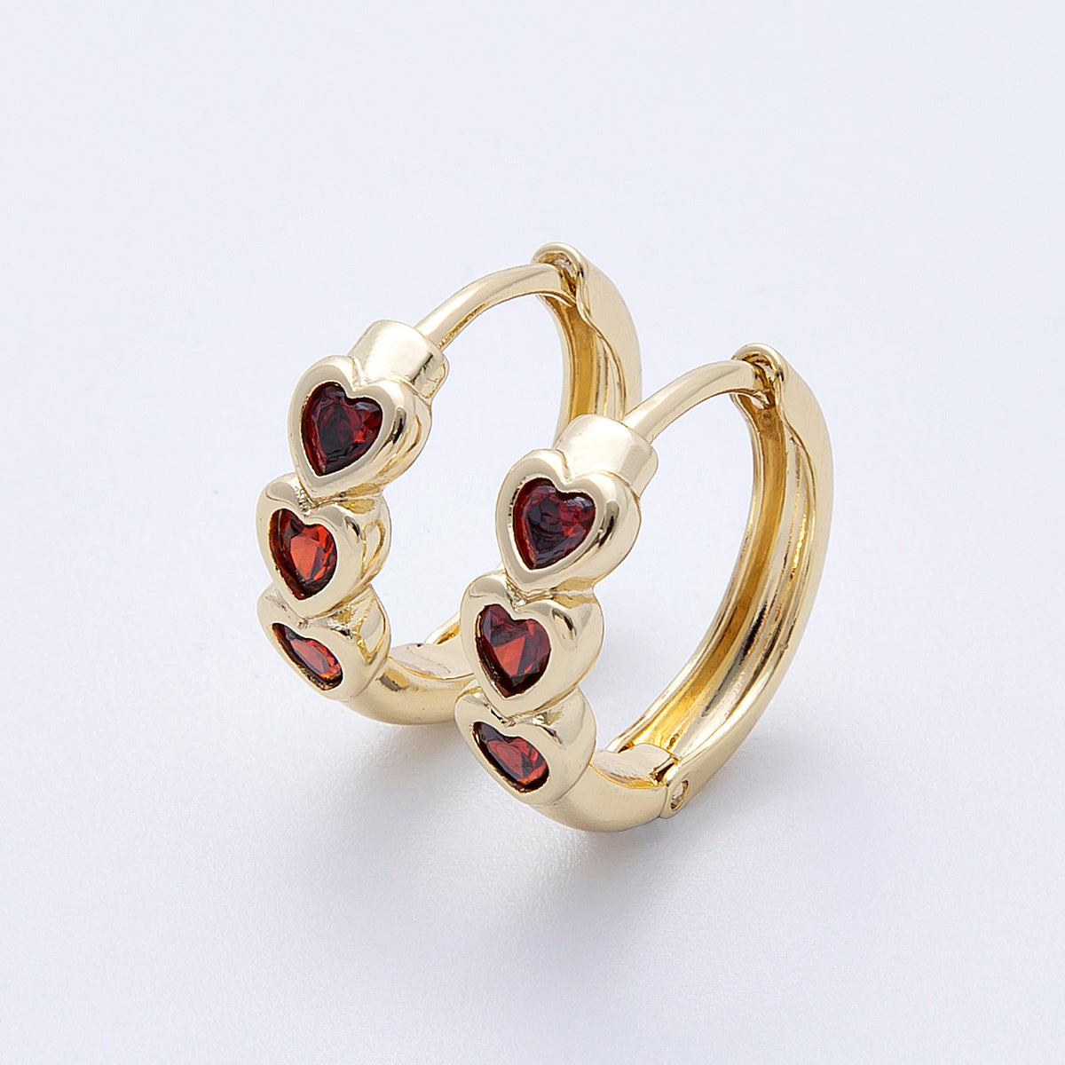 14K Gold Filled 16mm Triple Red CZ Heart Cartilage Huggie Earrings | Earrings-00168