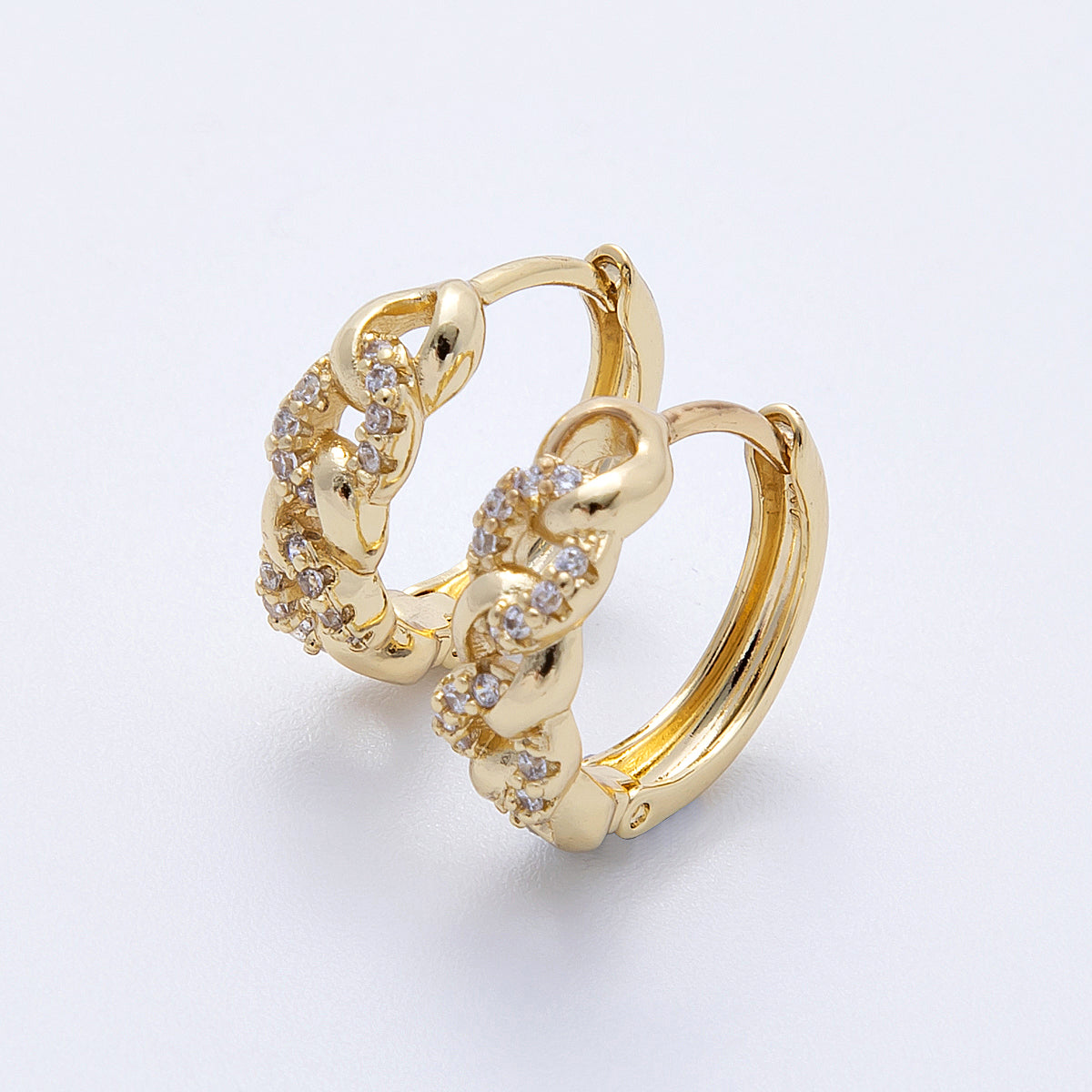 14K Gold Filled 15.5mm Micro Paved CZ Curb Chain Cartilage Huggie Earrings | Earrings-00171
