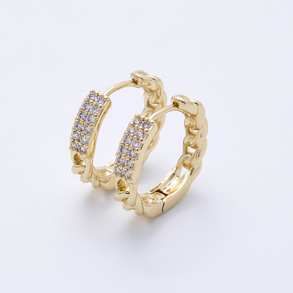 14K Gold Filled 18mm Micro Paved CZ Curb Chain Huggie Earrings | Earrings-00172