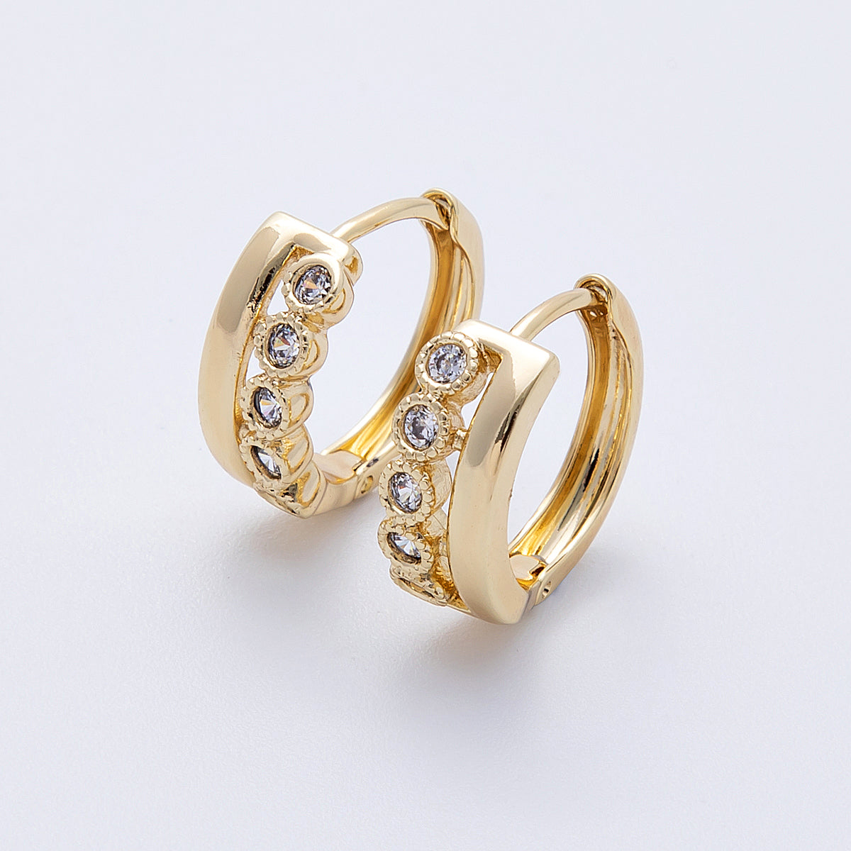14K Gold Filled 15mm Clear Round CZ Double Band Huggie Earrings | Earrings-00173