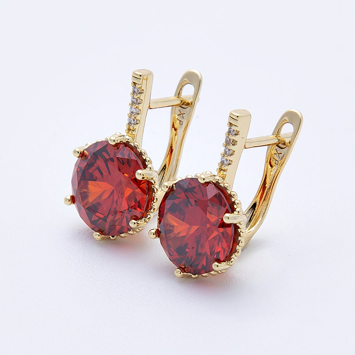 14K Gold Filled 18.5mm Red CZ Micro Paved CZ English Lock Hoop Earrings | Earrings-00176