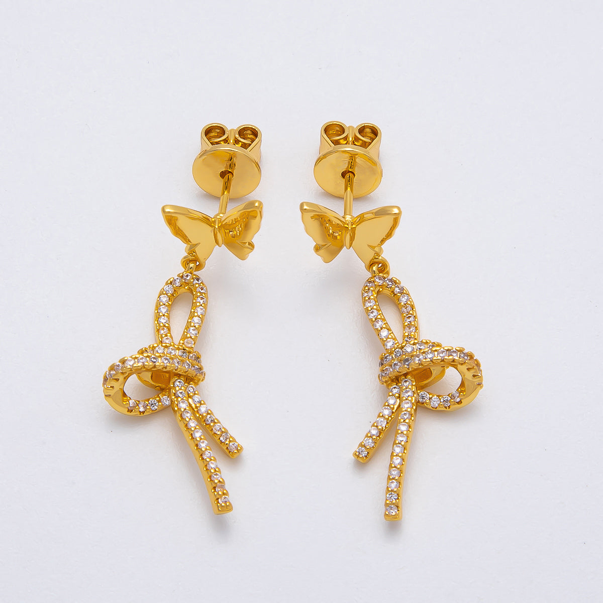 18K Gold Filled 9mm Micro Paved CZ Bow Butterfly Drop Stud | Earrings-00223