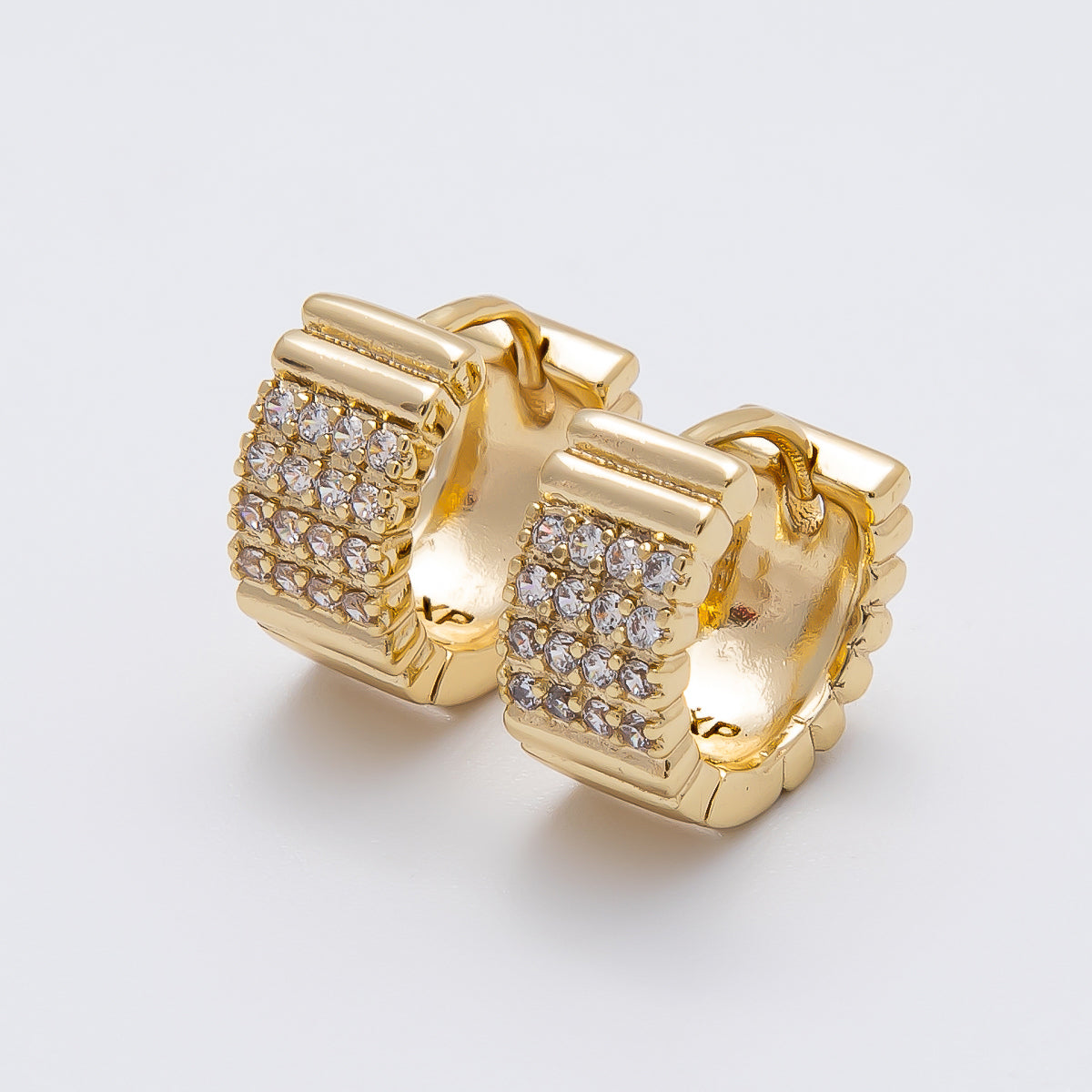14K Gold Filled 13.5mm Micro Paved CZ Ribbed Rows Geometric Huggie | Earrings-00263