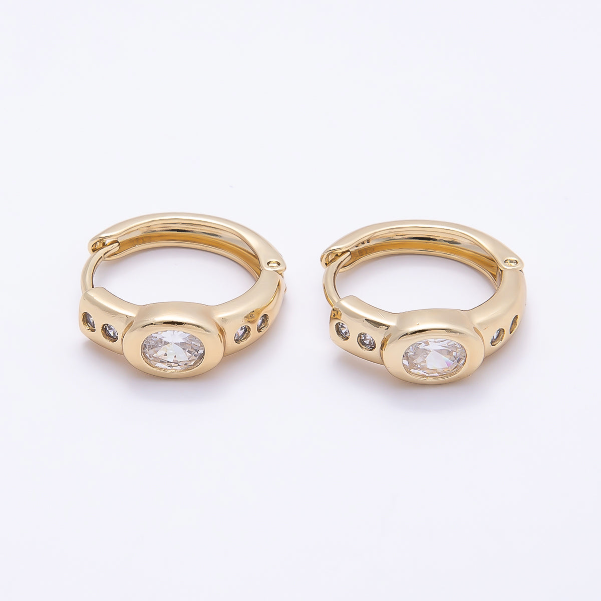 16K Gold Filled 17mm Clear CZ Oval Dotted Huggie Earrings | Earrings-00412