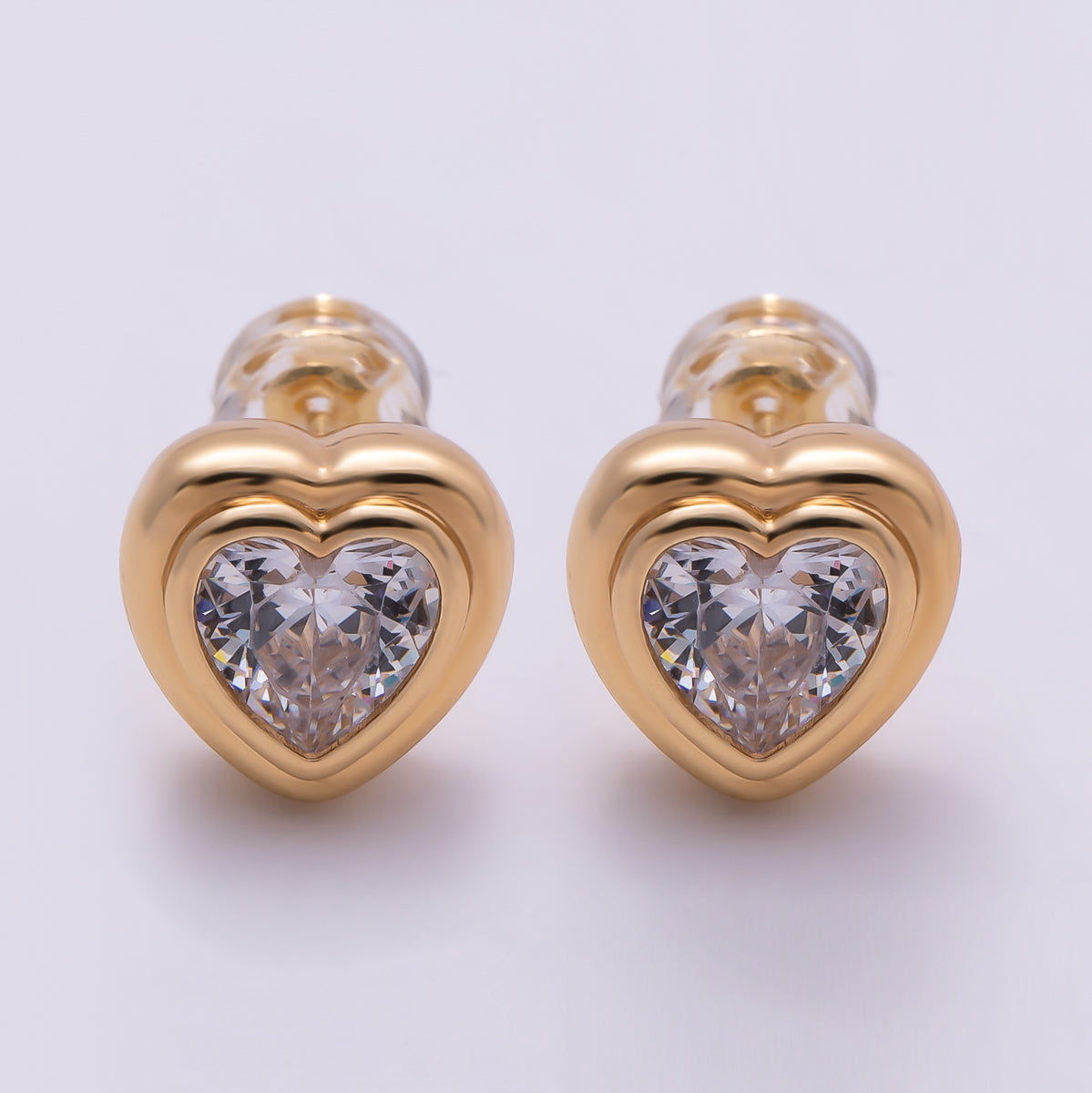 16K Gold Filled 9mm Clear CZ Love Heart Bezel Stud Earrings in Gold & Silver | Earrings-00417 Earrings-00418