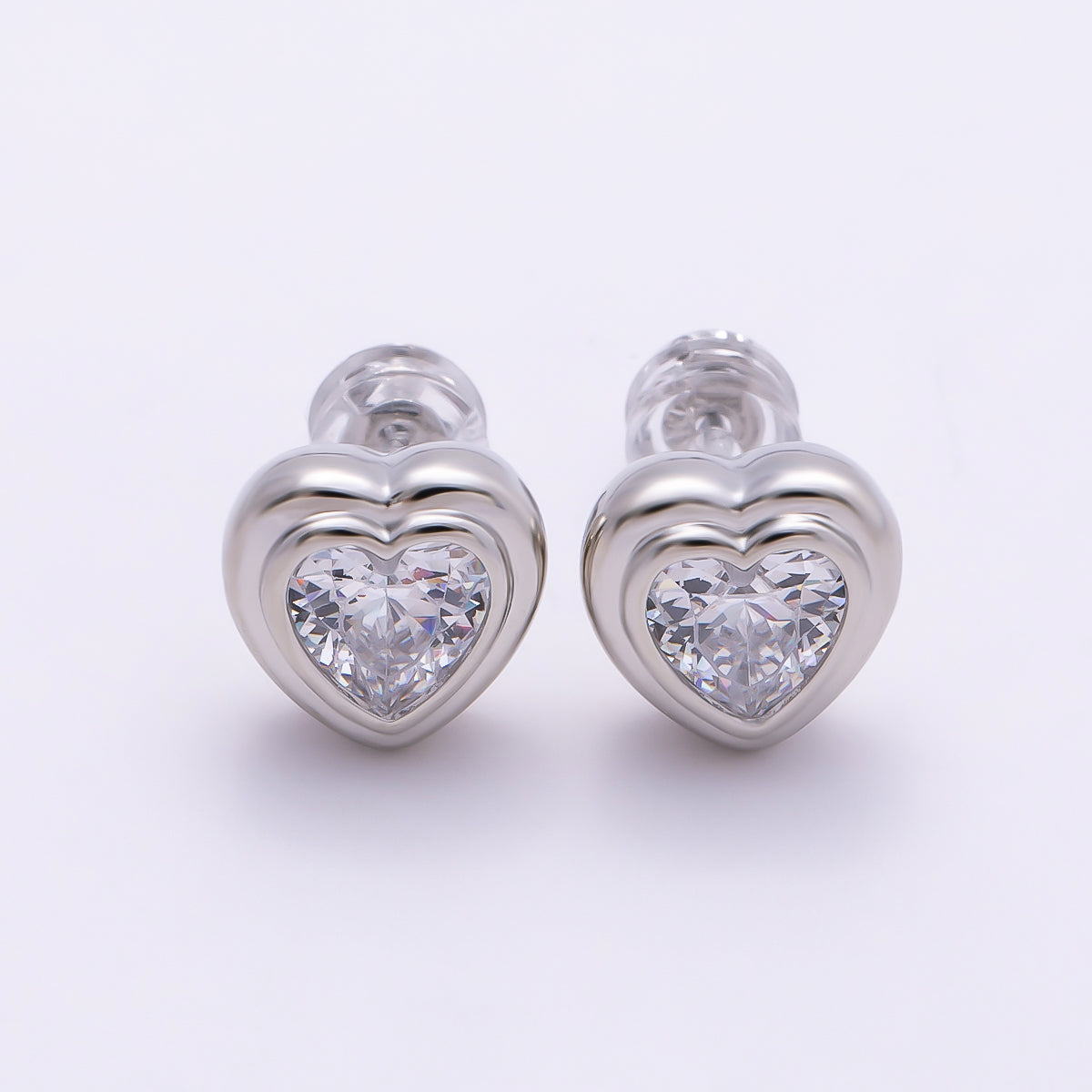 16K Gold Filled 9mm Clear CZ Love Heart Bezel Stud Earrings in Gold & Silver | Earrings-00417 Earrings-00418