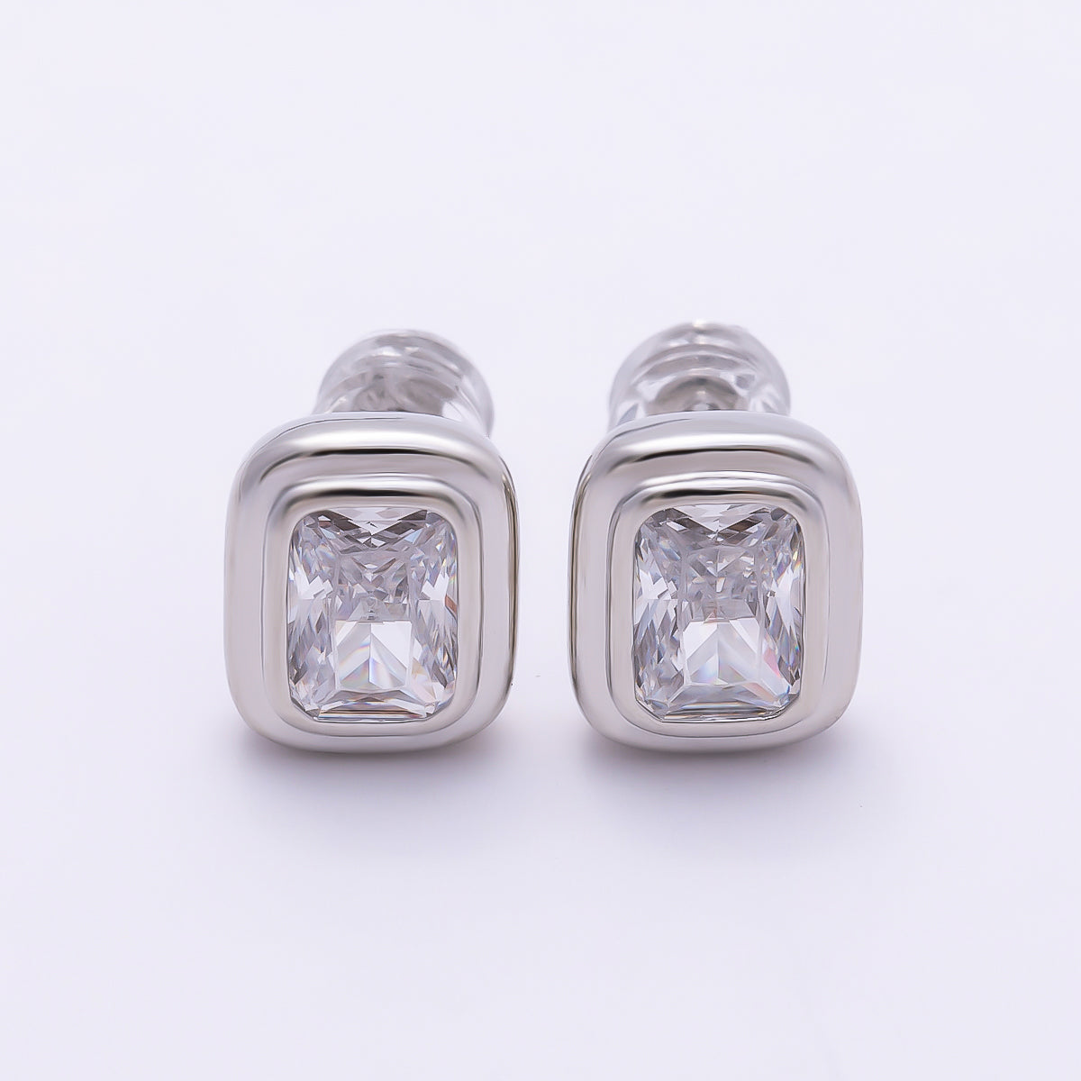 16K Gold Filled 10mm Clear CZ Baguette Bezel Stud Earrings in Gold & Silver | Earrings-00419 Earrings-00420