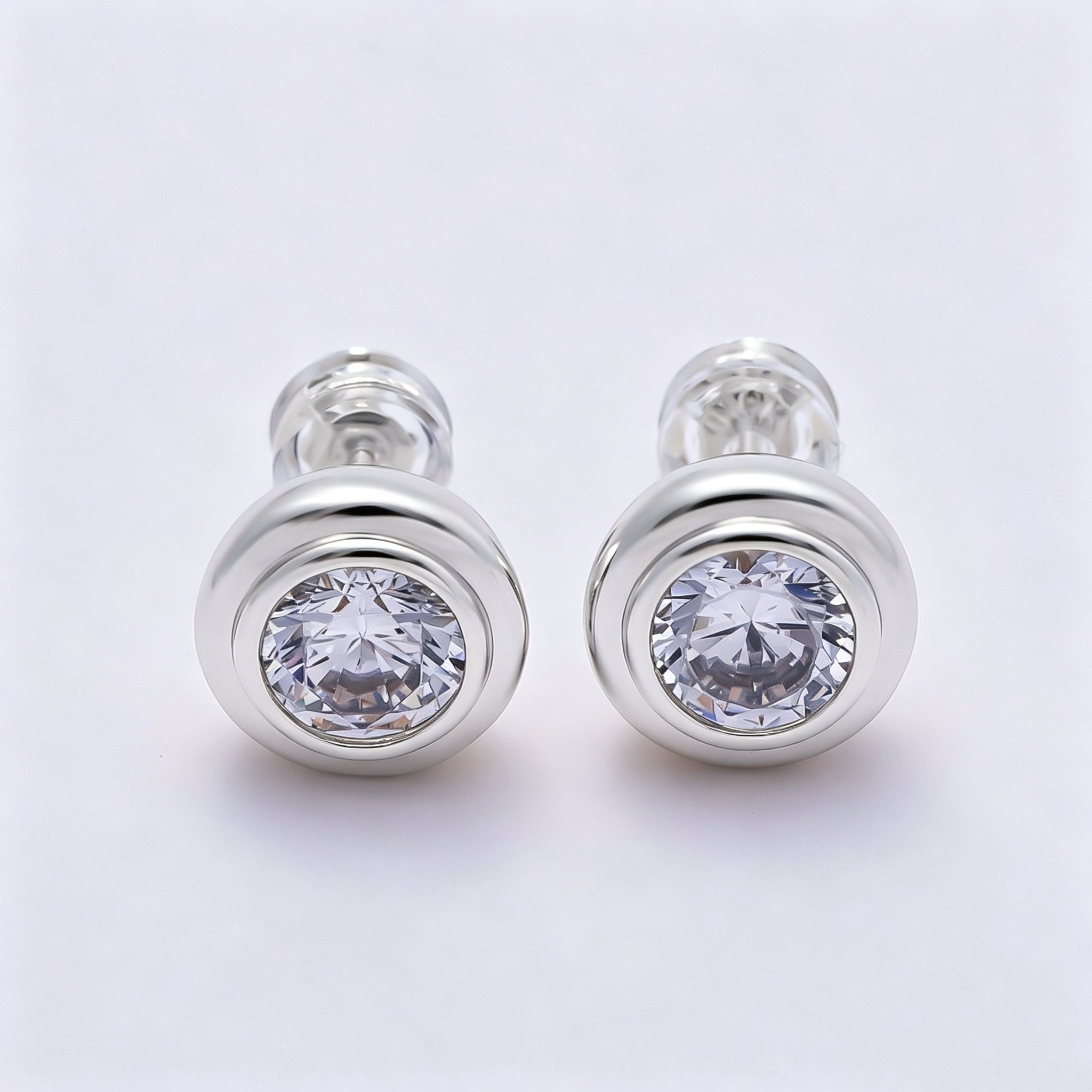 16K Gold Filled 9mm Clear CZ Round Bezel Stud Earrings in Gold & Silver | Earrings-00425 Earrings-00426