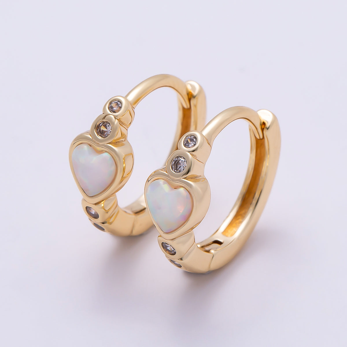 16K Gold Filled 15mm White Opal Clear CZ Dotted Heart Cartilage Huggie Earrings | Earrings-00427
