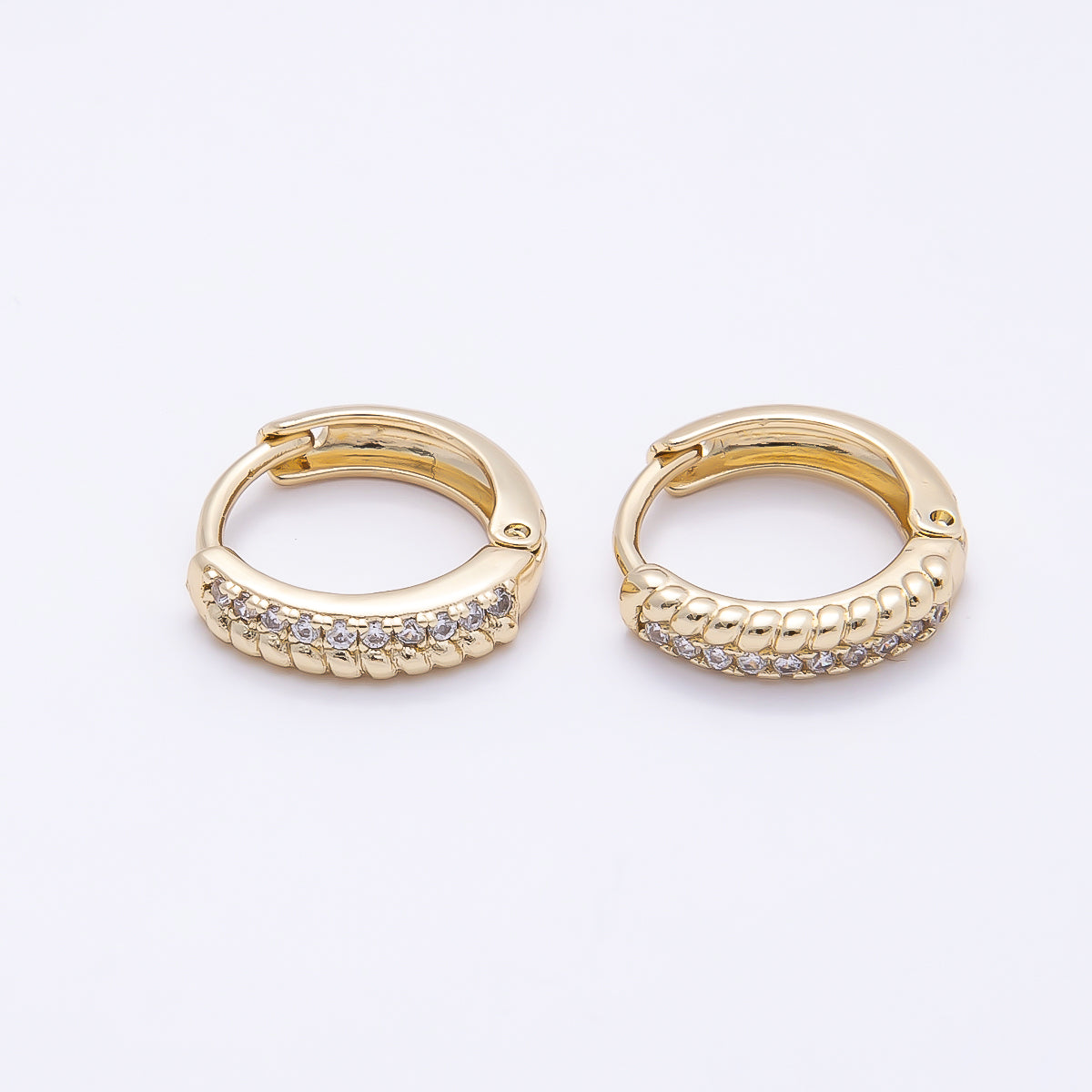 16K Gold Filled 13mm Micro Paved CZ Croissant Lined Cartilage Huggie Earrings | Earrings-00437
