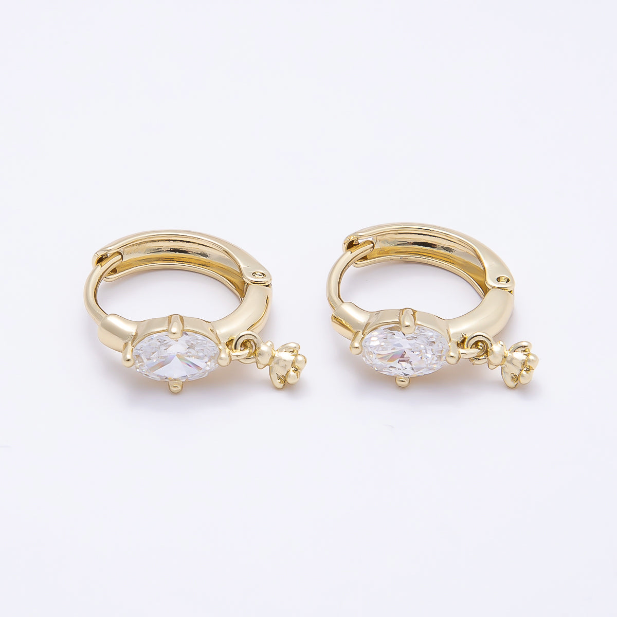 16K Gold Filled 15mm Oval Clear CZ Teddy Bear Drop Huggie Earrings | Earrings-00445