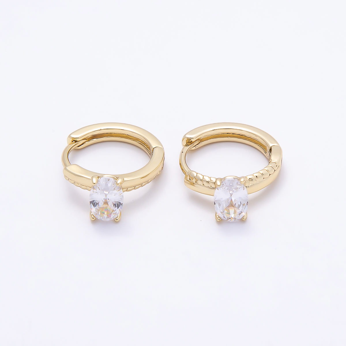 16K Gold Filled 12mm Clear Oval CZ Solitaire Half Croissant Cartilage Huggie Earrings | Earrings-00448