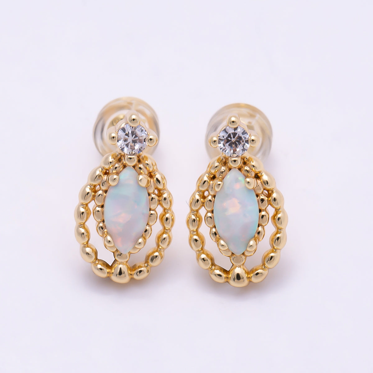 16K Gold Filled 14mm CZ Opal Navette Double Dotted Geometric Stud Earrings | Earrings-00459