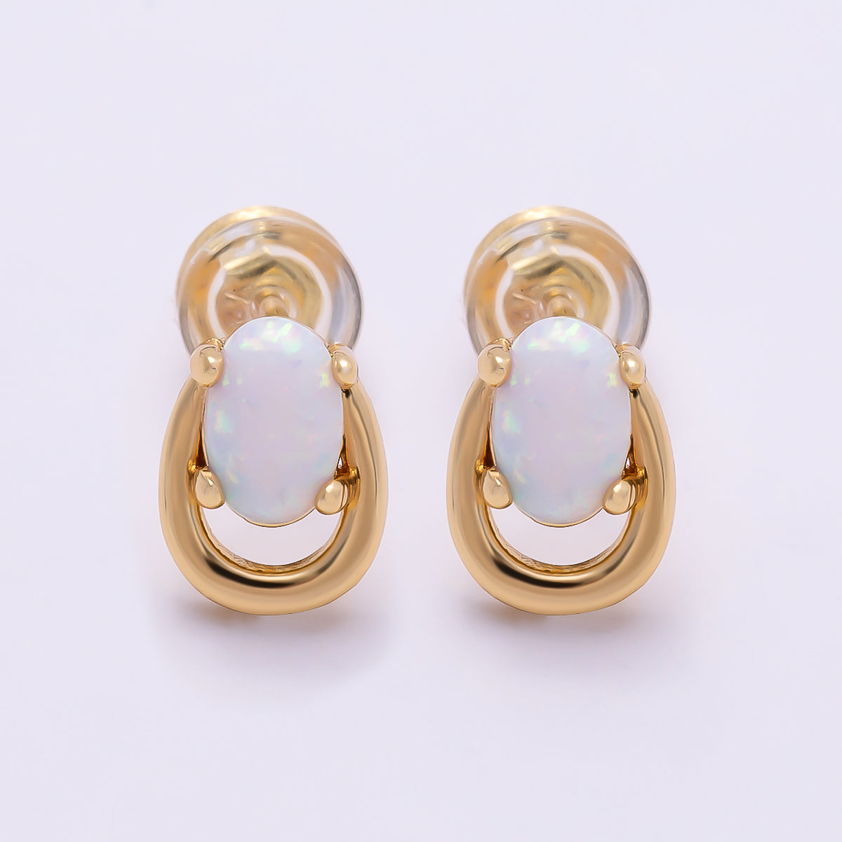 16K Gold Filled 14mm White, Blue Opal Gemstone Open Bezel Stud Earrings | Earrings-00460 Earrings-00461