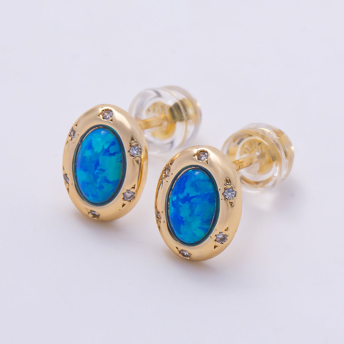 16K Gold Filled 14mm White, Blue Opal CZ Dotted Oval Bezel Stud Earrings | Earrings-00462- Earrings-00463