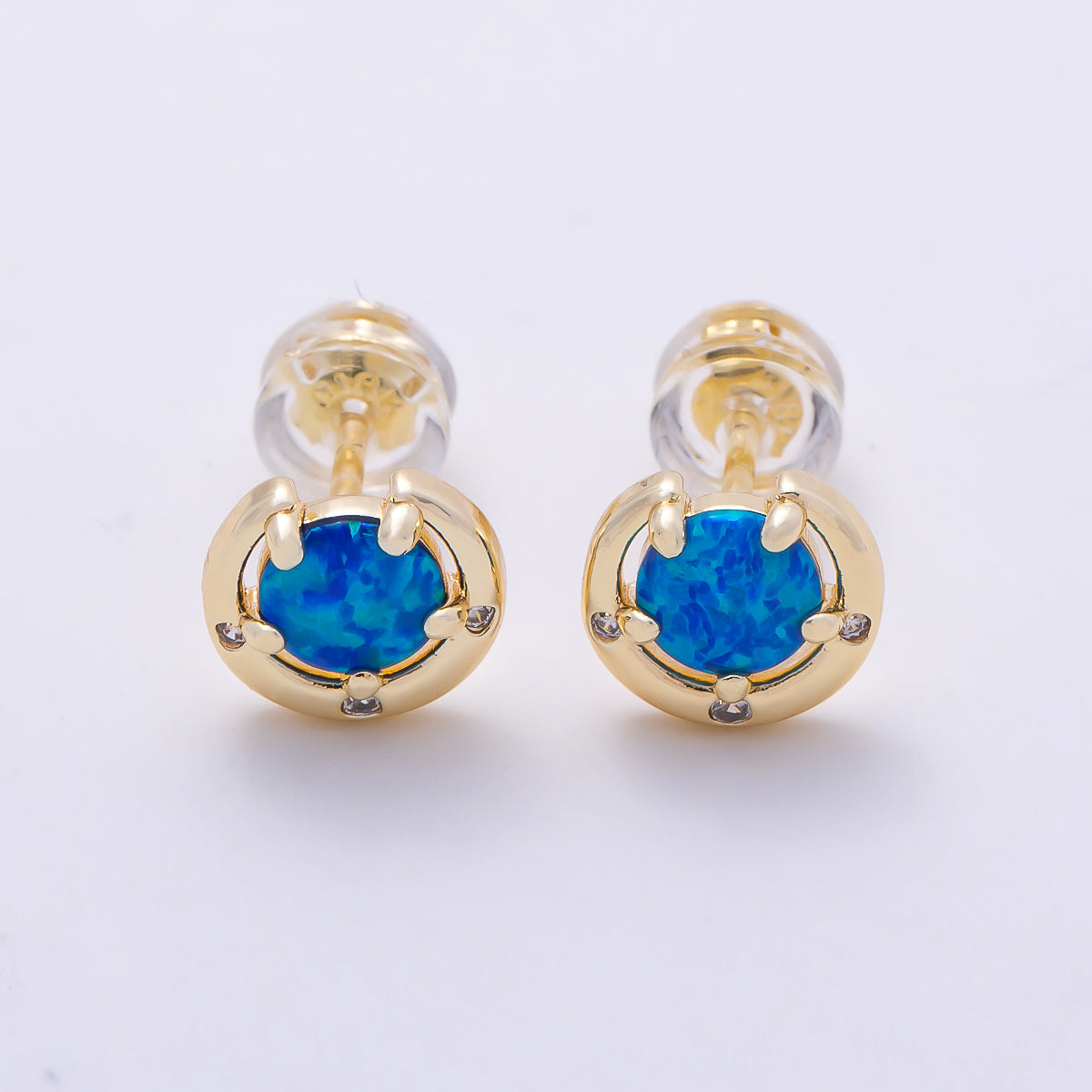 14K Gold Filled 8mm White, Blue Opal Clear CZ Dotted Curved Round Bezel Stud | Earrings-00464 Earrings-00465