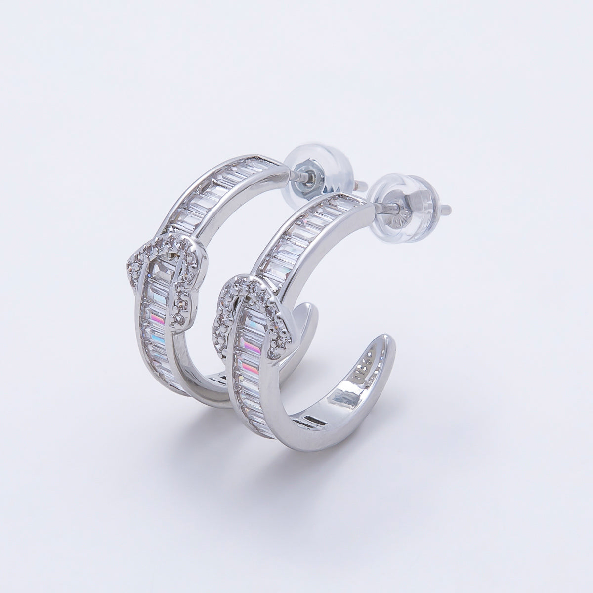 16K Gold Filled 20mm Heart Knot Baguette Micro Paved CZ C-Shaped Hoop in Gold & Silver | Earrings-00643 Earrings-00644
