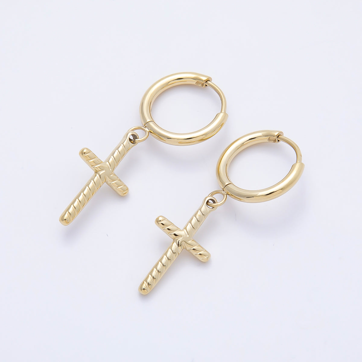 14K Gold Filled 35mm Ribbed Religious Cross Drop Huggie Earrings | Earrings-00647