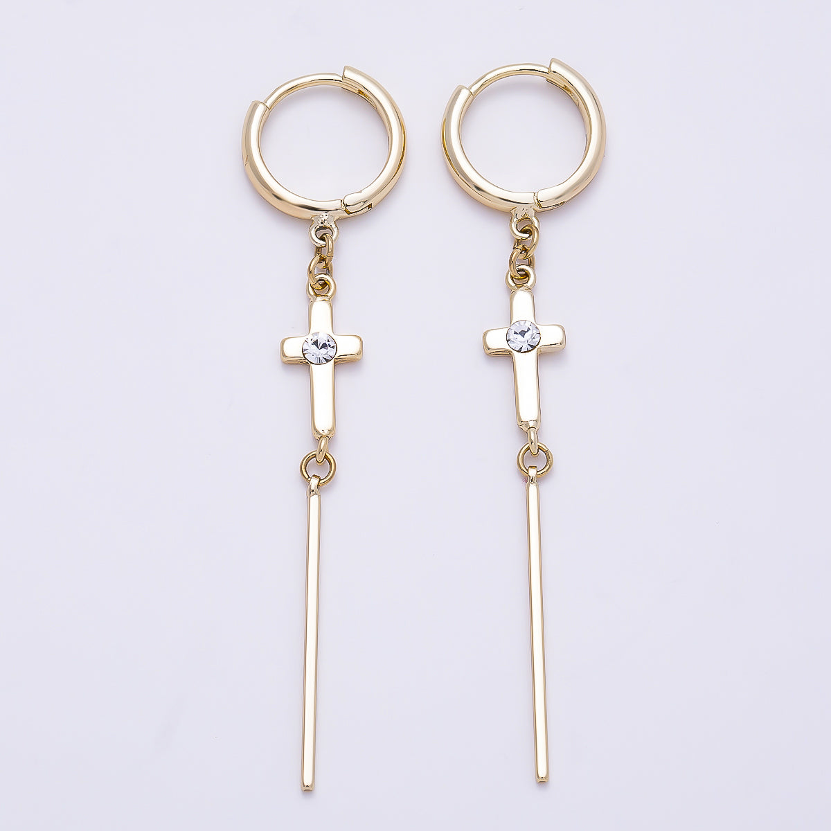 14K Gold Filled 60mm Iridescent AB, Clear CZ Religious Cross Bar Drop Huggie Earrings | Earrings-00648