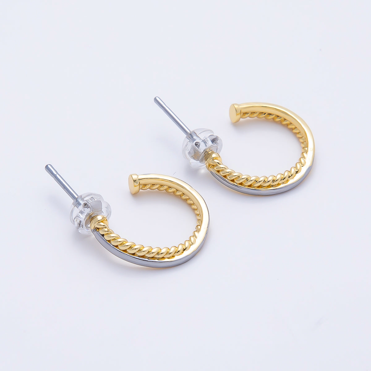 16K Gold Filled 16mm Mixed Metal Croissant Double C-Shaped Hoop in Silver & Gold | Earrings-00650