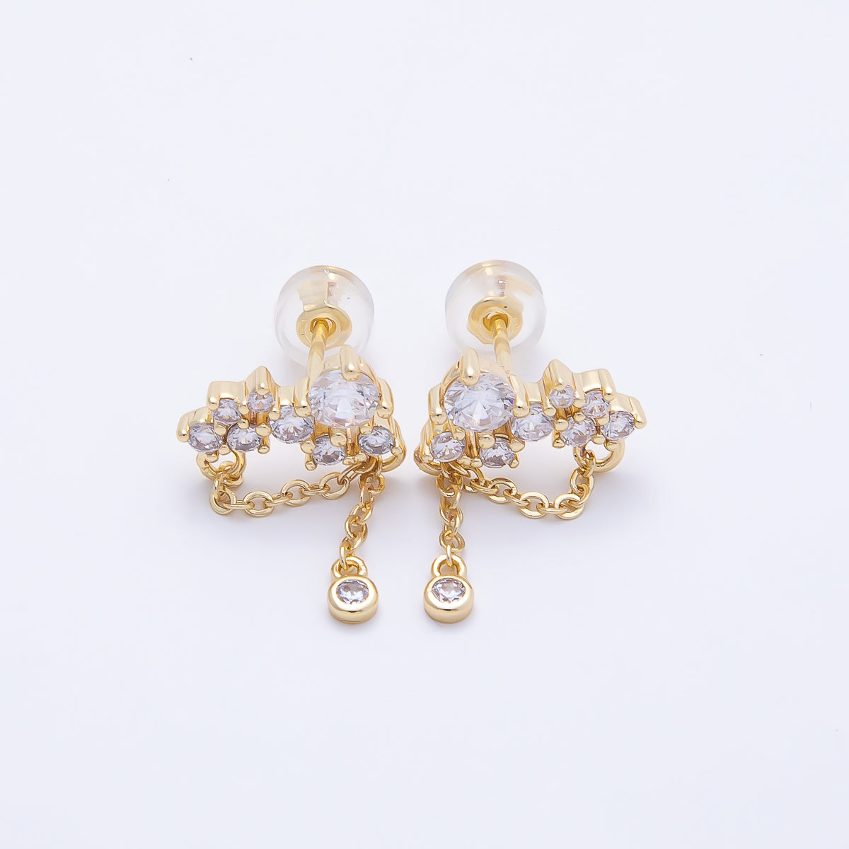 16K Gold Filled 15mm Clear CZ Round Cluster Chain Drop Stud | Earrings-00652