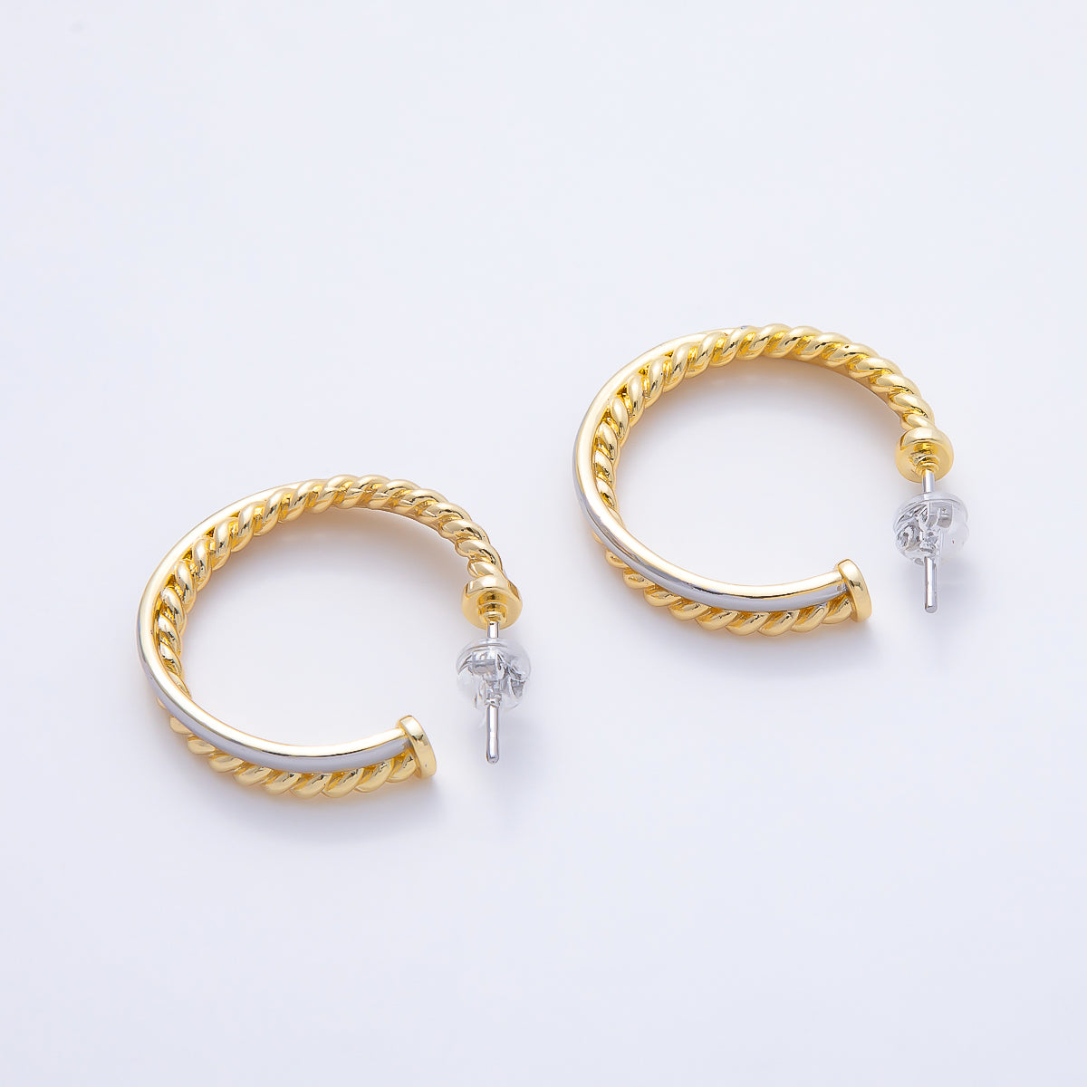 16K Gold Filled 25mm Mixed Metal Croissant Double C-Shaped Hoop in Silver & Gold | Earrings-00670