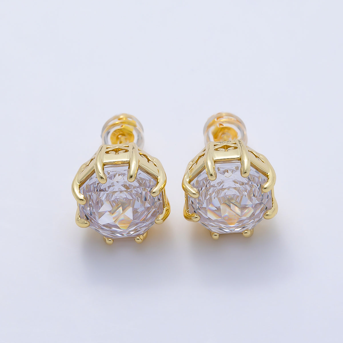 16K Gold Filled Clear CZ Hexagon Prong Stud | Earrings-00679